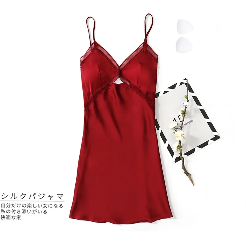 

2021 Lady Spring Summer With Chest Pad Nightie Silk Nightgown Solid Color Nightdress Women Sexy Female Sexy Lace Nightie