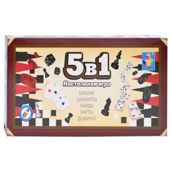 Игра настольная 5в1 1 Toy ''Шашки/шахматы/нарды/карты/домино'' на магните 25х13 2х3