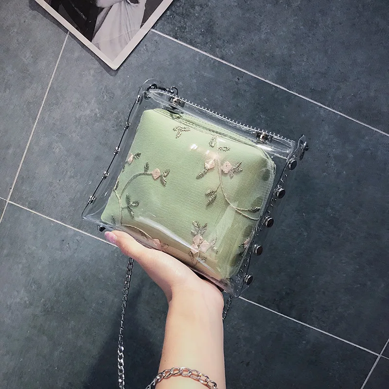

2020 New Designer Lady Fashion Transparent PVC Shoulder Bag Luxury Embroidery Zipper Handbags Women Flap Crossbody Bags