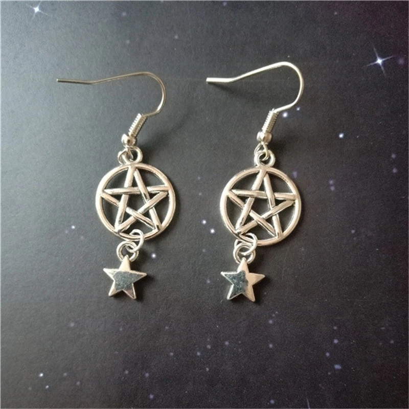 Античные серебряные серьги с пентаграммой и звездами викканские готом ведьмы