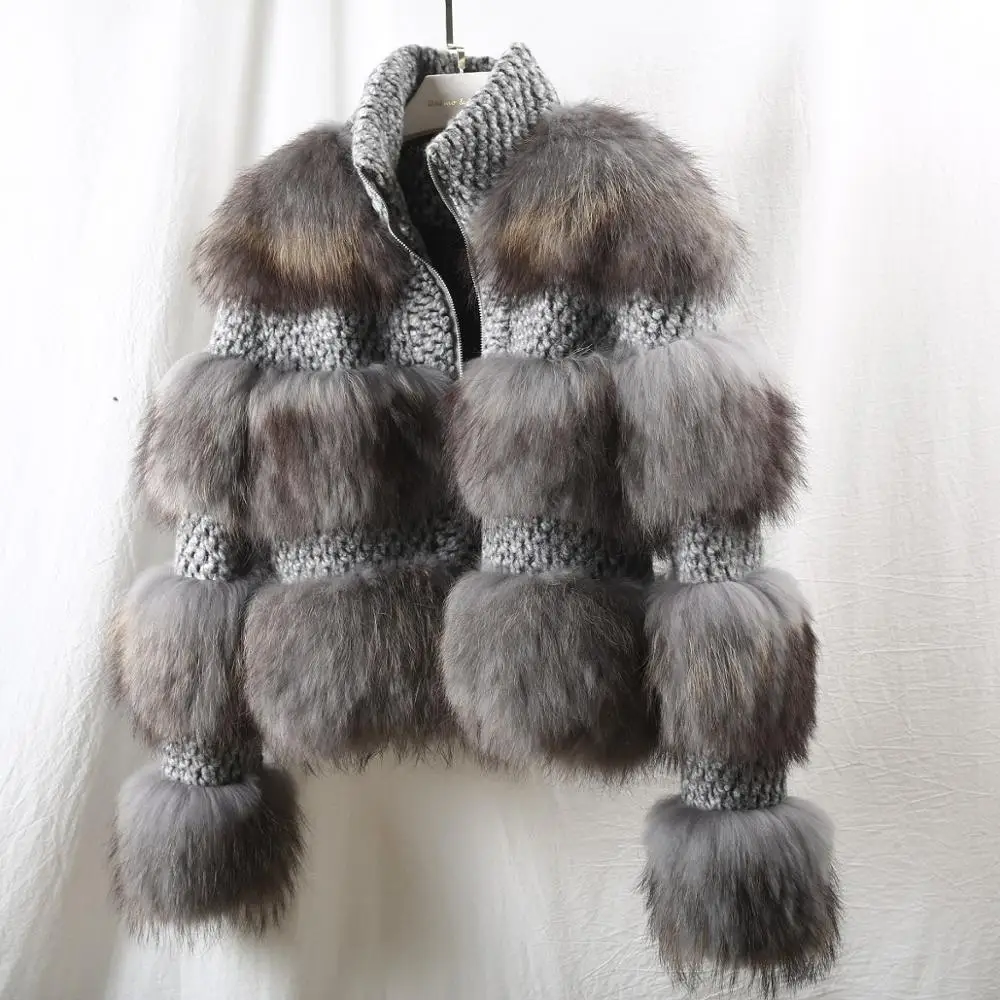 Women Real Fur Thicken Winter Coat Warm Whole Skin Raccoon Fur Coat Patchwork Wool Short Jacket Winter enlarge