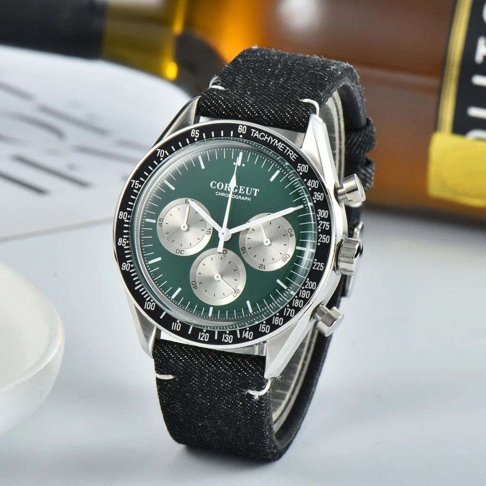 40MM Corgeut Luxury Mens Watch Sport Multifunction Chronograph Leather Strap Quartz Male Clock Black White Watches часы мужские |