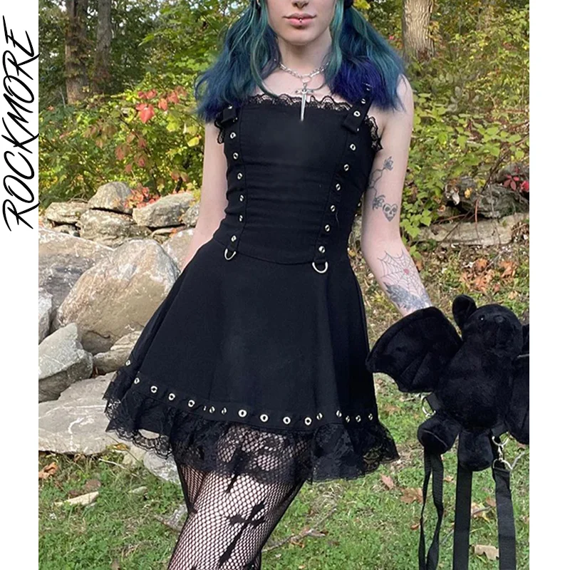 

Rockmore Gothic Mini Dresses Women Y2K Dark Academia Black Party Dress Sexy Backless Spaghetti Strap Lace Trim Dress Techwear