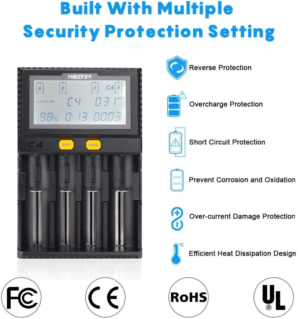Оригинальное Miboxer C4 lcd умное зарядное устройство для литий-ионных IMR INR ICR LiFePO4 18650 14500 26650 AAA батарей функция зарядного устройства