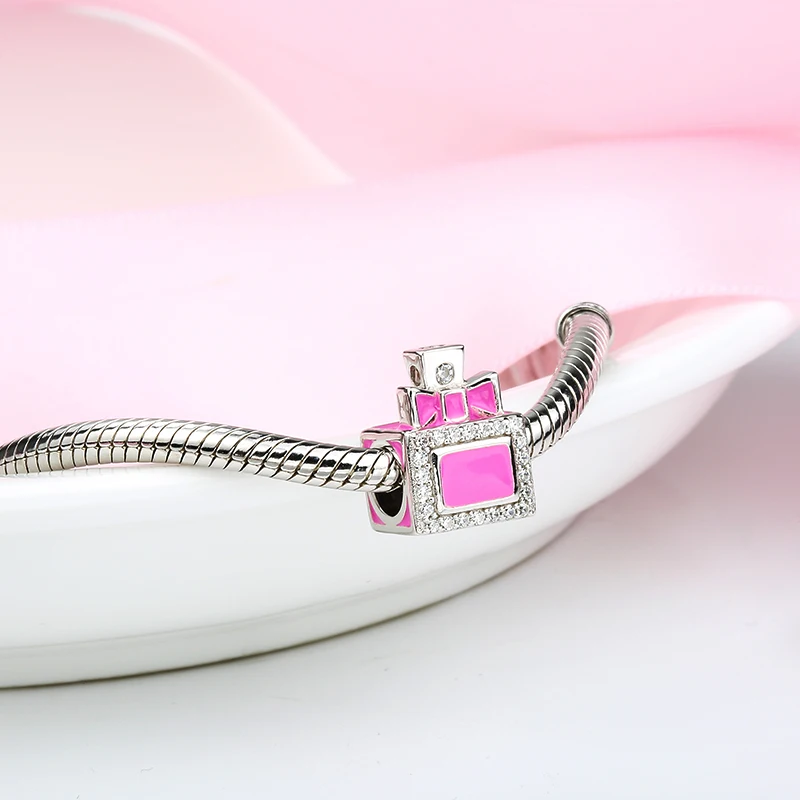 925 Sterling Silver Enamel Pink Perfume Bottle with Bowknot CZ Beads Fit Original Pandora Charms Bracelet Fashion Jewelry Gifts|pandora