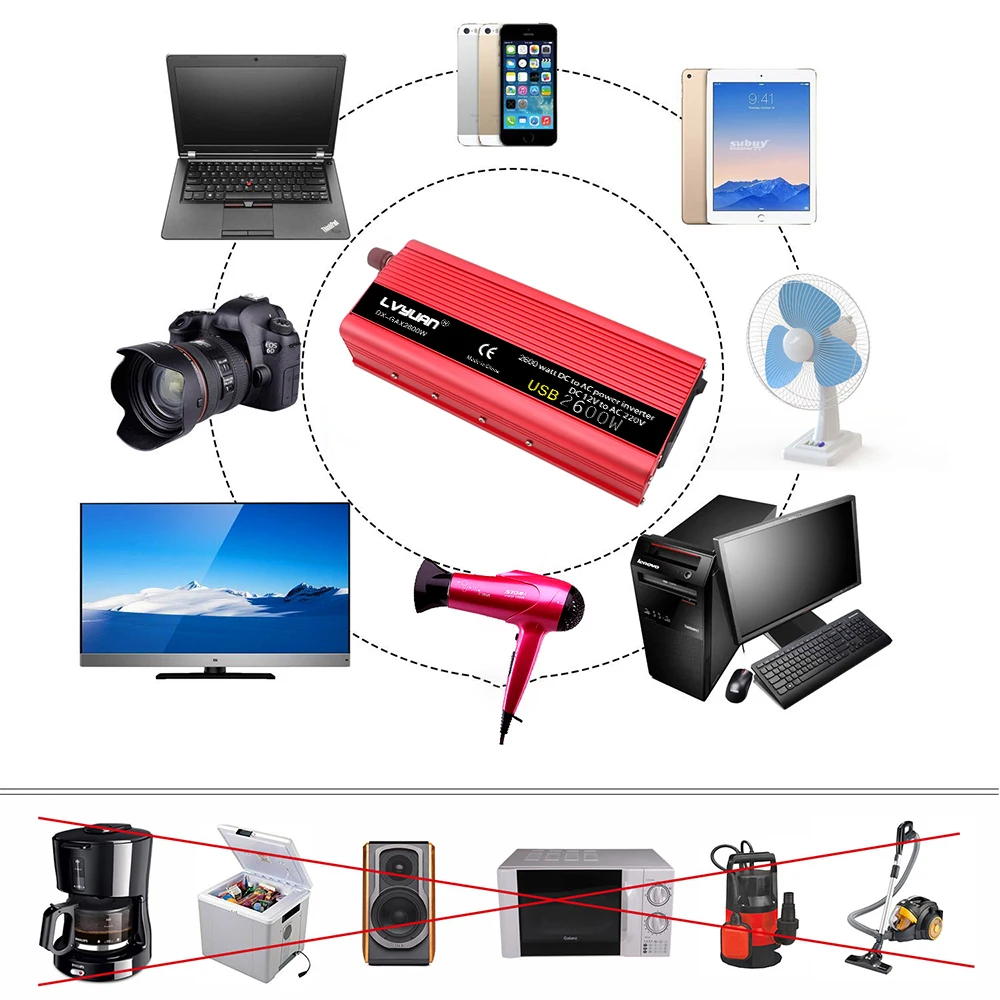 Преобразователь напряжения автомобильный портативный модифицированный синусоидальный DC 12V в AC 220V 50Гц 2600 Вт для использования дома или в поездке.