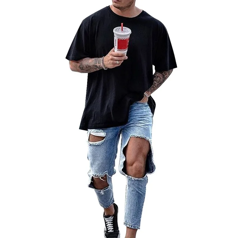 Disputent Новые мужские рваные джинсы свободного кроя стрейч модные облегающие на