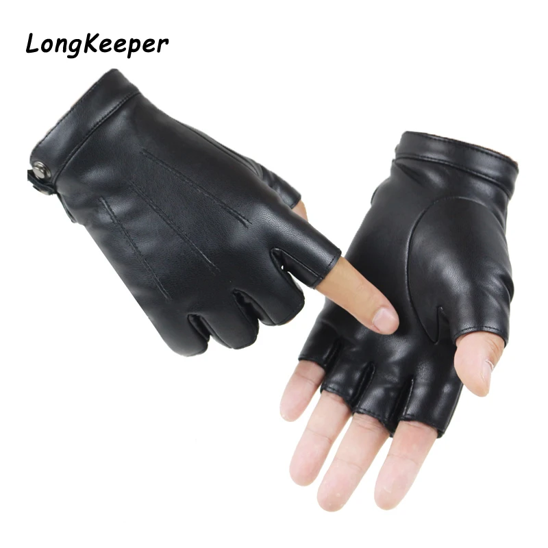 

2020 Women Black PU Leather Fingerless Gloves Solid Female Button Warm Half Finger Driving Men motor Punk Gloves Thick Guantes