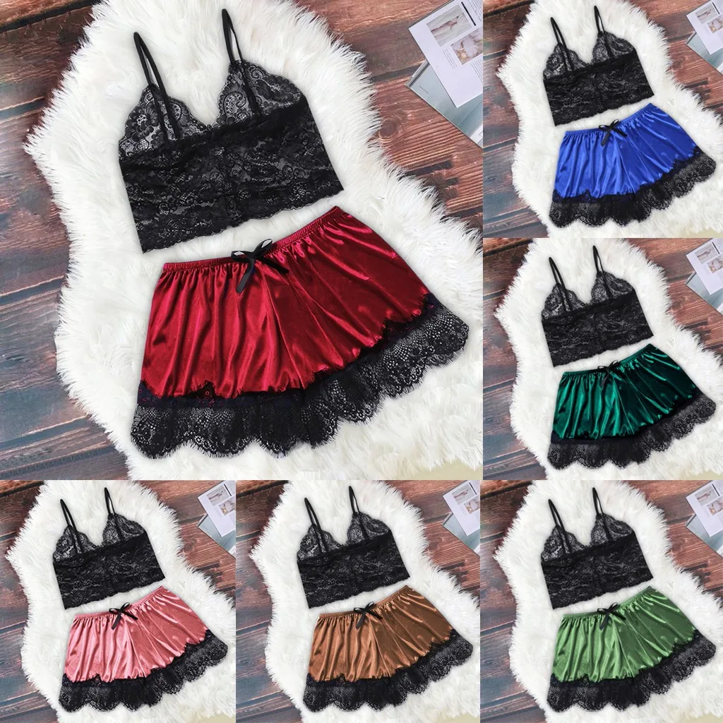 Новинка комплект женского белья Шелковый кружевной топ камзол шорты с бантом