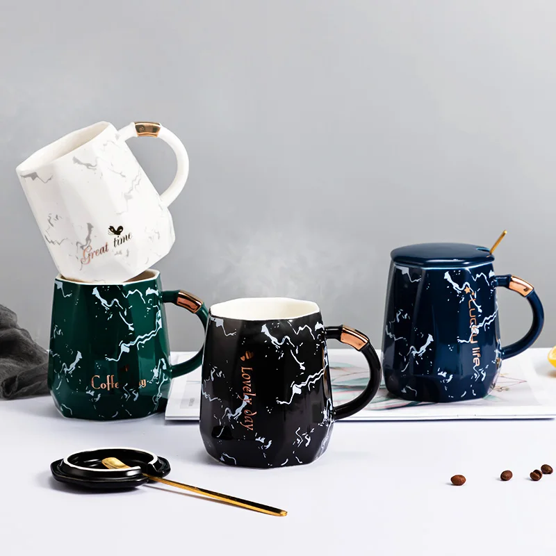 Мраморная керамическая чашка для кофе и чая с крышкой ложкой 400 мл сока молока