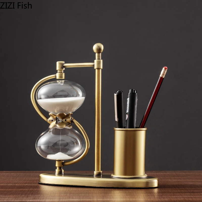 

European-style Metal Salad Pen Holder Home Desk Office Desktop Art Decoration Retro Storage Box Pen Storage Time Timer Hourglass