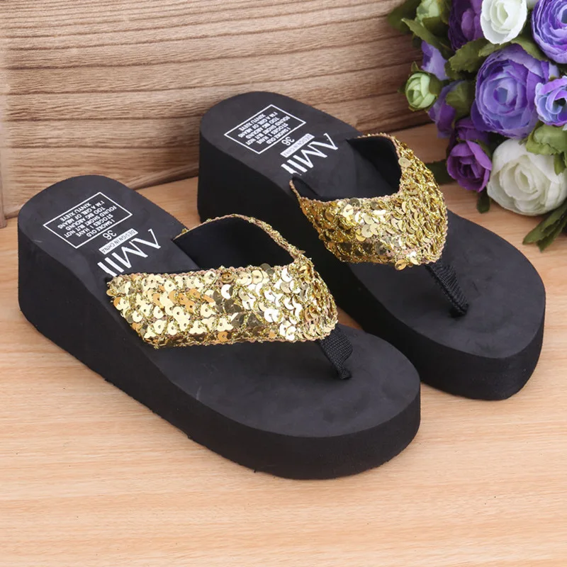 

Fashionable Ladies Sequined Sandals Summer Leisure Water Entertainment Beach Slippers Ladies Wedge Heel Increased Shoes