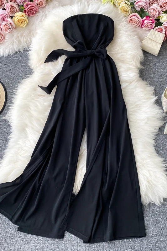

Women Elegant High Waist Strapless Jumpsuits Sexy Woman Fashion Belted Split Chic Wide Leg Romper Casual Ladies Outfits