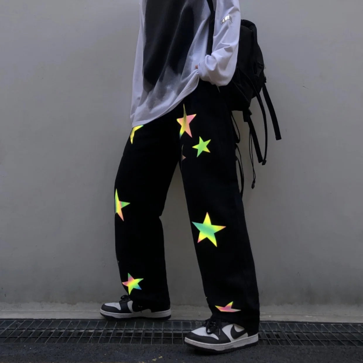 

Black White Gothic Women Punk Full Length Jeans Autumn Harajuku Lady Reflective Stars Adjustable Waist Fashion Design Denim Pant