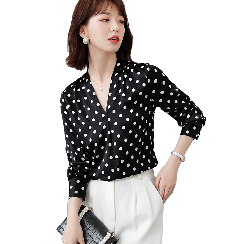 

Autumn Silk Women Shirts Korean Fashion Long Sleeve Office Lady Button Up Shirt Dot Women Shirts Blouses Ladies Tops