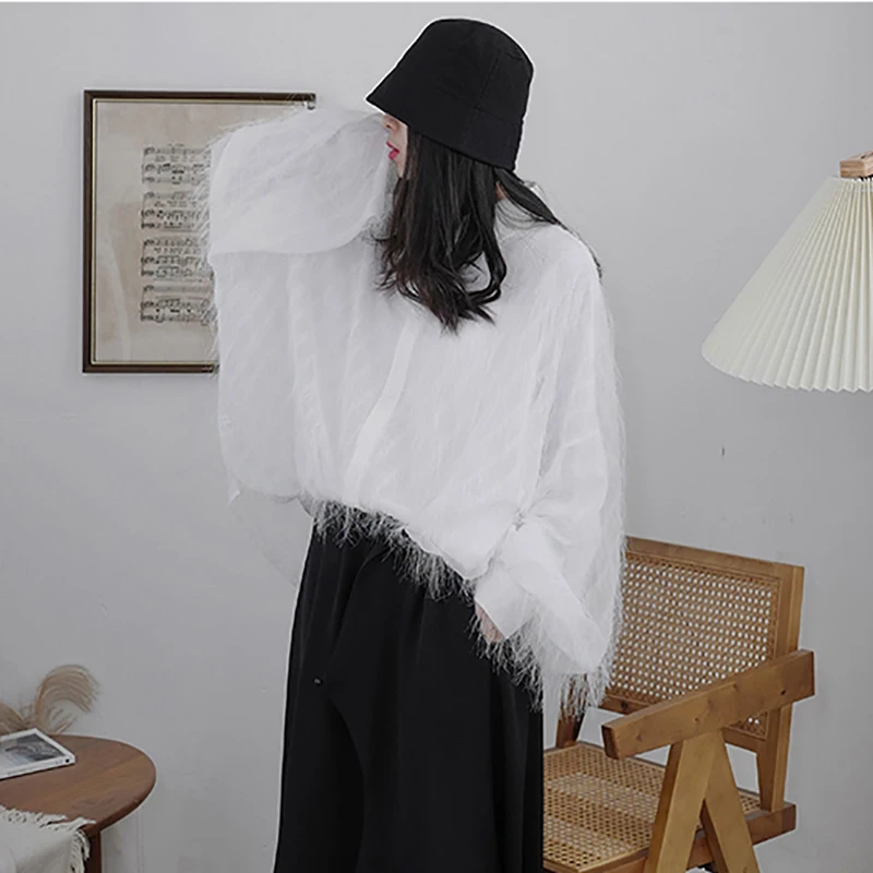 

SHENGPALAE Personality Tassel Blouse Women's Spring 2021 New Lapel Oversize Single Breasted Micro Transparent Long Sleeve Shirt