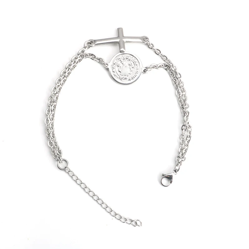 

Virgin Mary St Benedict Catholic Prayers Stainless Steel Women Religious Long Silver Color Bracelet