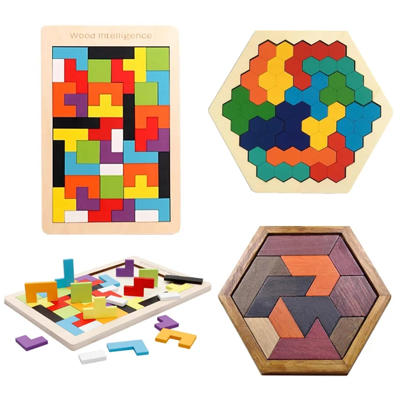 

Montessori Tangram Tetris Wooden Puzzle 3D Colorful Wooden Constructor Board Game for Children Kids Math Toys Educational Game