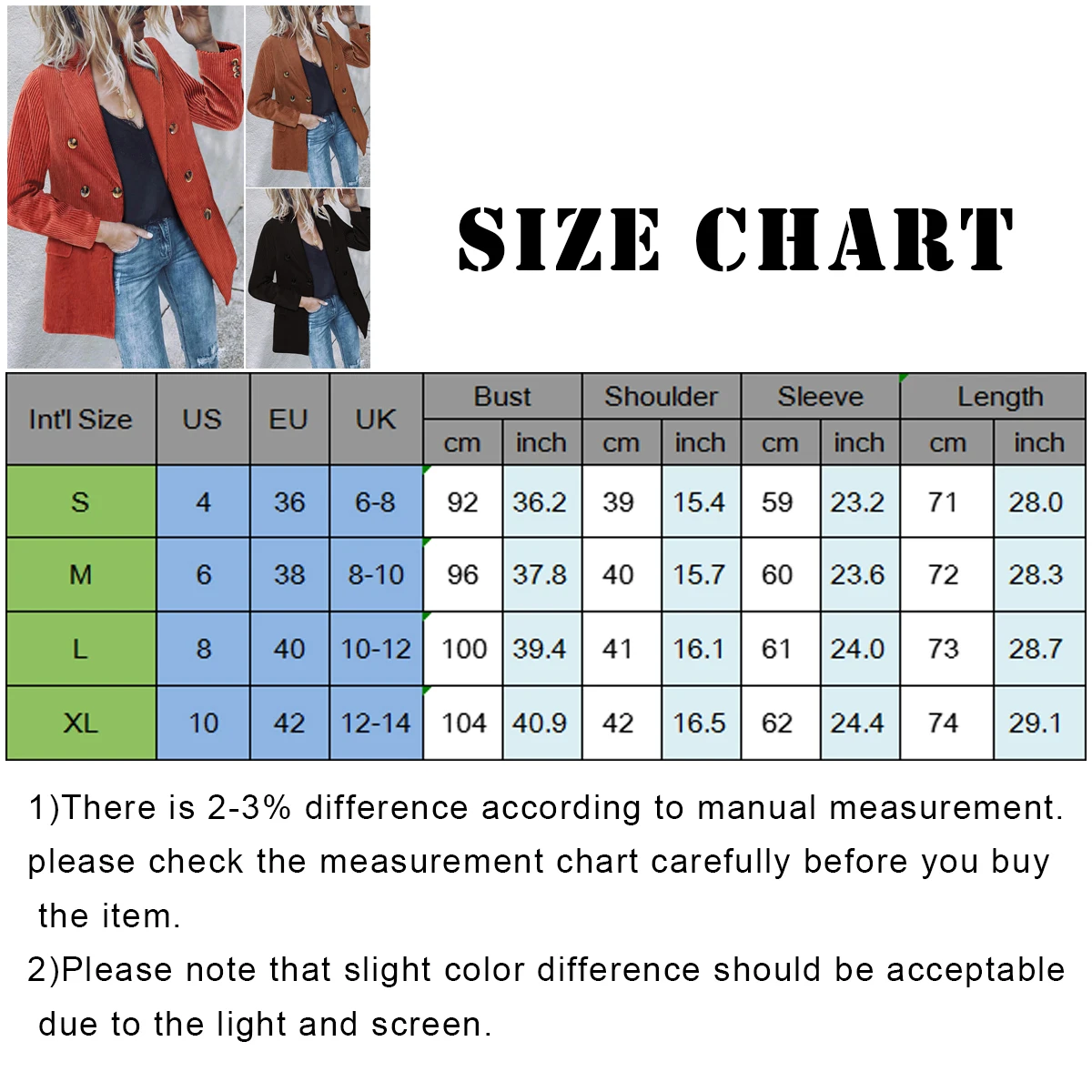 Женский двубортный Повседневный Блейзер однотонная Вельветовая свободная