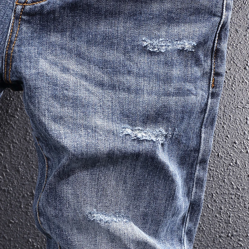 Newly Designer Fashion Men Jeans High Quality Retro Blue Elastic Slim Ripped Jeans Men Korean Style Vintage Casual Denim Pants