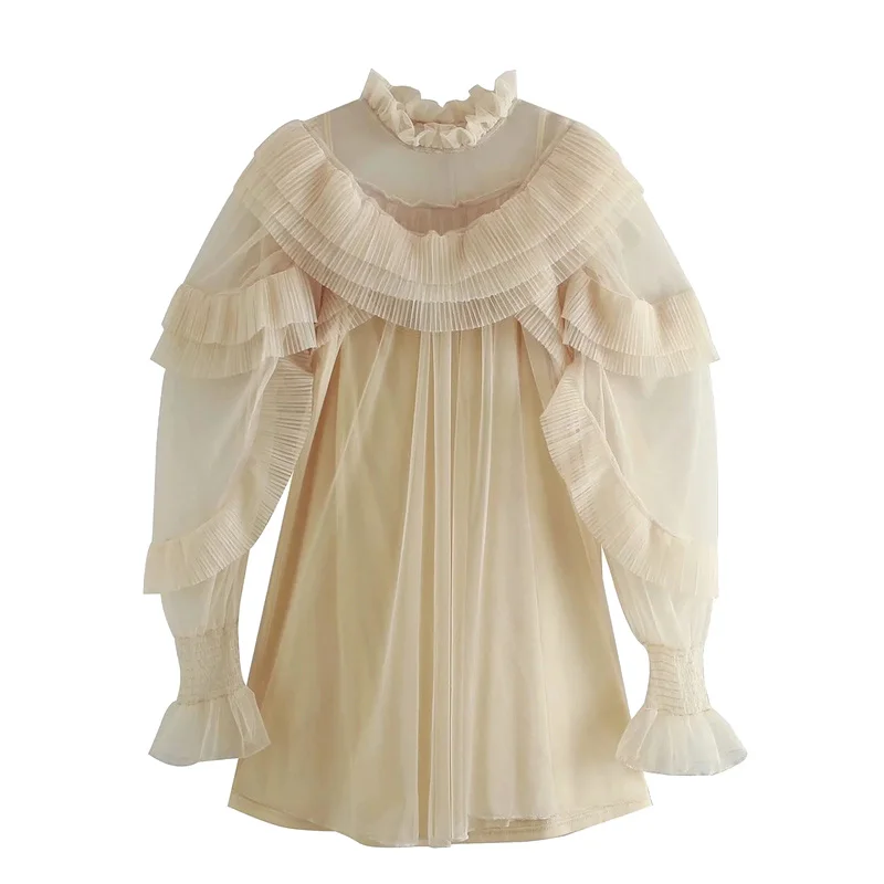 

2021 New Women Fashion Pleated Ruffle Trims Tulle Mini Dress Vintage Long Sleeve With Lining Female Dresses Vestidos Mujer