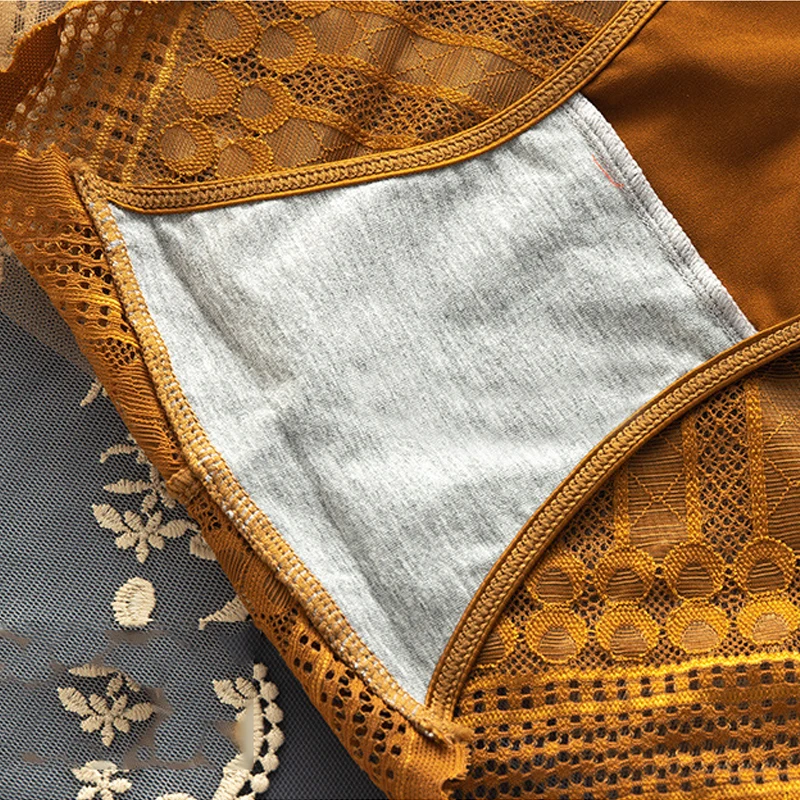 

Women Lace Sexy Underwear Satin Silk Panties High-End Mid-Waist Panties Translucent French Mesh Briefs Seamless Solid Lingerie