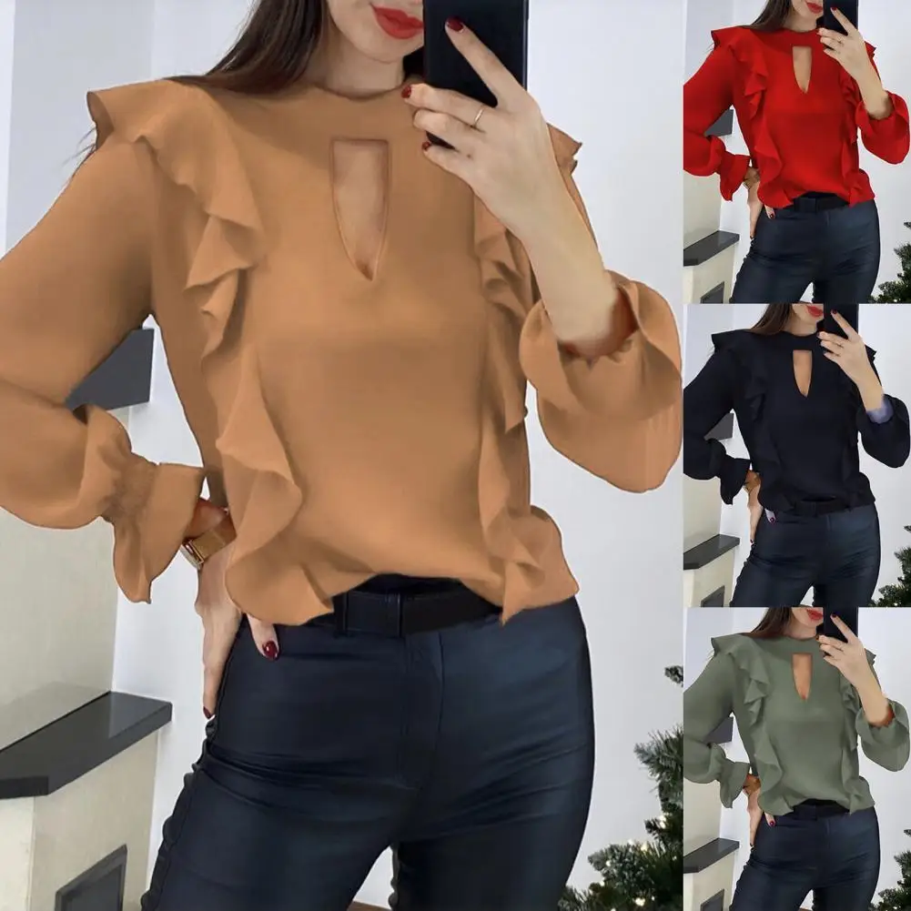 

Женские блузы с оборками шить V-образный полые Мужская рубашка с длинными рукавами для вечерние женские элегантные офисные рубашки размера ...