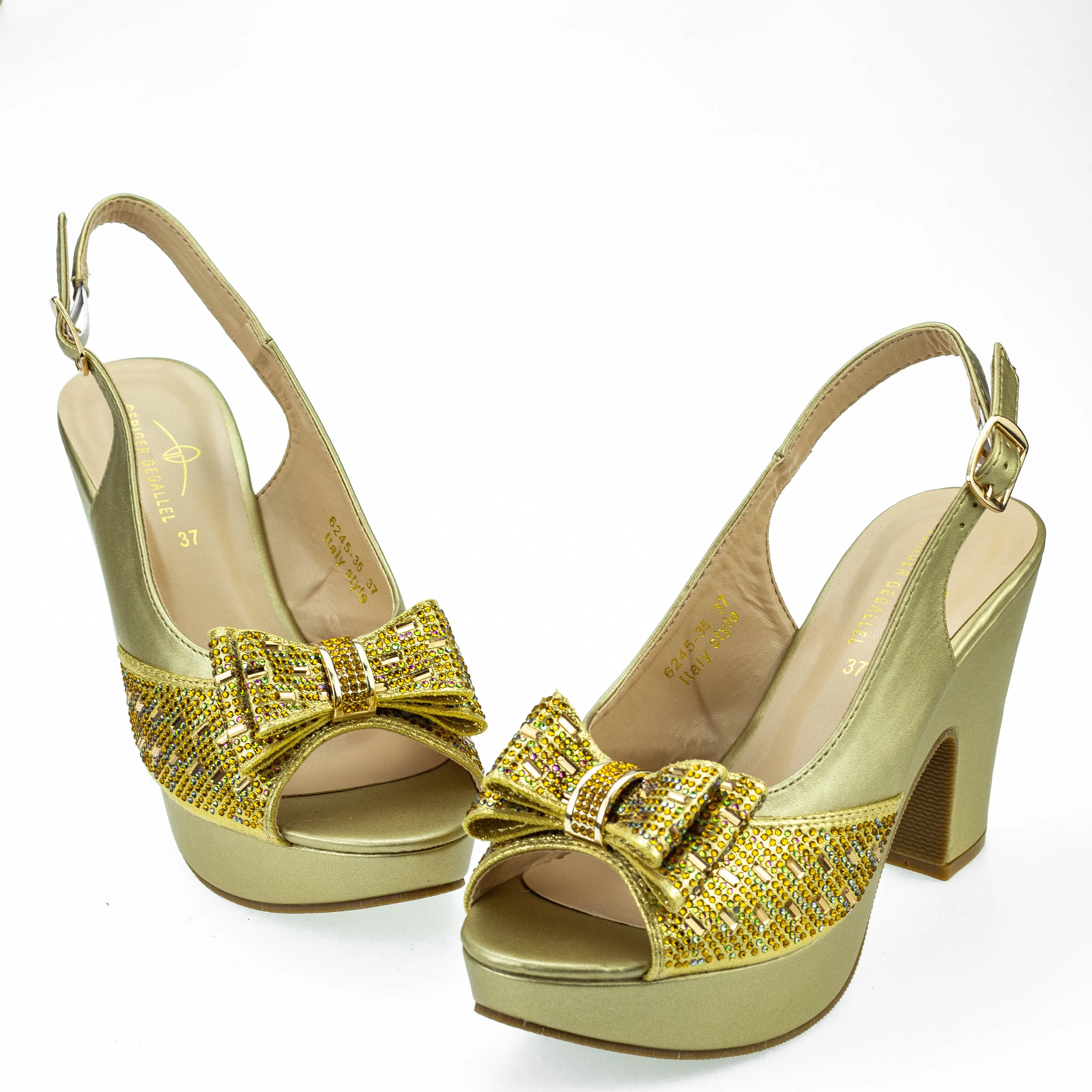 Bowknot Bling Bling Italy Sparkly Heels Sandals Summer Shoes Slingbacks Chunky Sandal Peep Toe Women Chunky Heels Pumps 6245-35