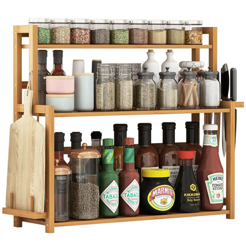 

Kitchen shelf bamboo countertop seasoning and seasoning rack knife holder multi-layer multi-function storage