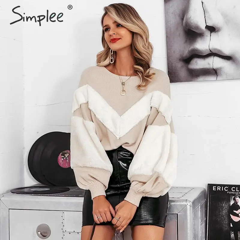 Женский свитер Simplee теплый пуловер с пэчворком из искусственного меха и рукавами