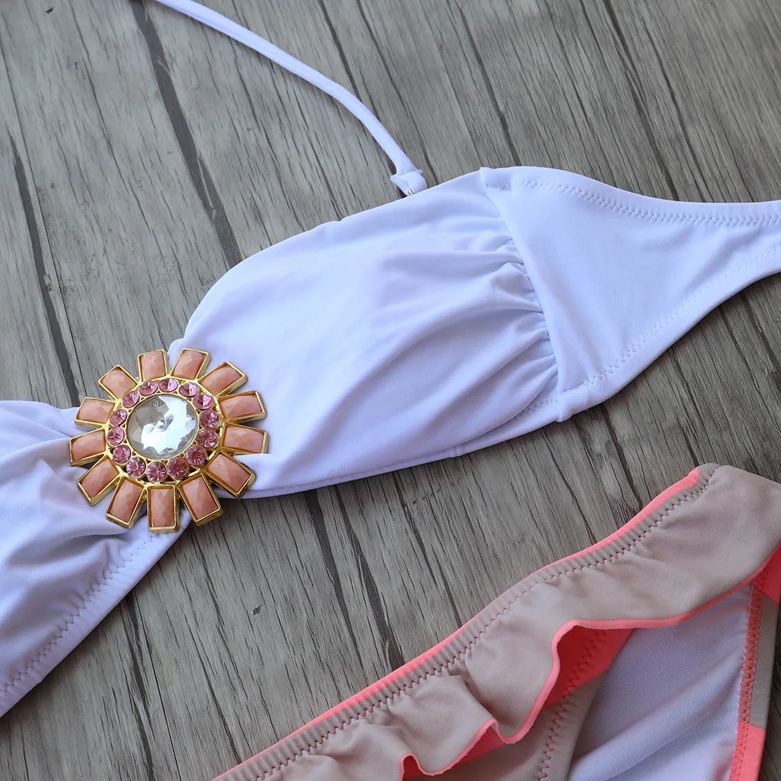 Комплект бикини Белый Топ женский купальник с красным низом купальные костюмы со