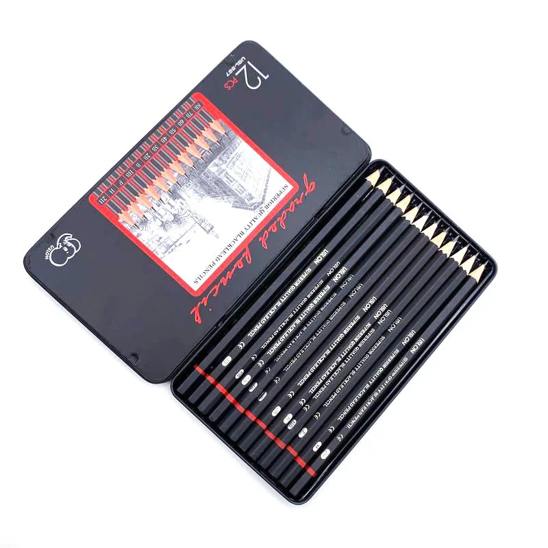 

Drawing pencil set 2h-8b 12 sizes, graphite pencil for school, metal box, packaging, stationery, school supplies