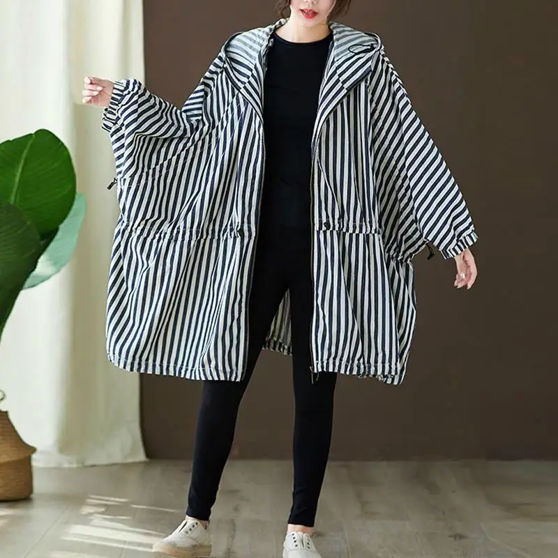 striped Длинное пальто с капюшоном размера плюс, Женское пальто, мода Mujer, весна, Свободное пальто с рукавами летучая мышь, пальто, 5XL 6XL 7XL, одежда - Цвет: striped