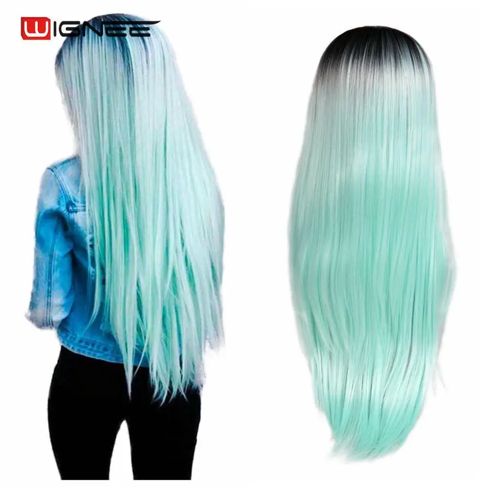 Wignee длинные прямые волосы синтетический парик Средняя часть Омбре зеленый
