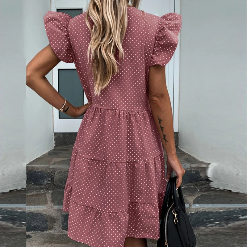 

Sweet Polka Dot Ruffles Mini Dress Women Sexy V Neck Butterfly Sleeve Patry Dress Female Pleated Summer A-line Beach Dresses
