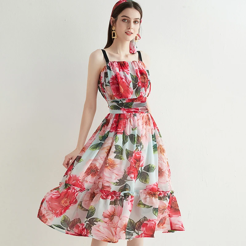 

Bohemian Camellia Floral Ruches Dress 2021 Summer Y2K Women's Spaghetti Strap Backless Flower Print Fungus Folds Chiffon Vestido