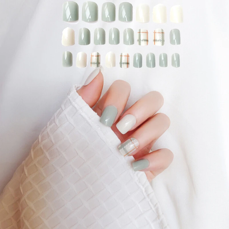 

24 Pcs/set Blue Grey Style DIY Art Short Fake Sticker Nail Tips Acrylic False Stickers With Glue Gel