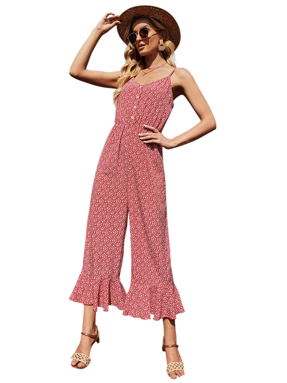 

Women's Summer Fashion Print Suspenders Sleeveless Jumpsuit Casual Flared Trousers