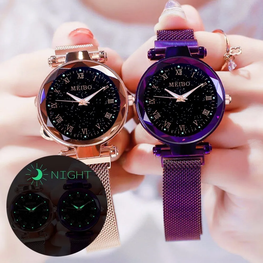 

Women Magnet Buckle Starry Sky Luminous Watch Luxury MEIBO Ladies Stainless Steel Roma Dial Quartz Watch Relogio Feminino