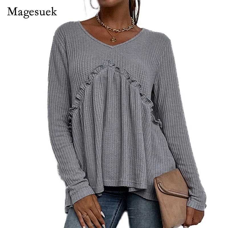 

2022 Spring Autumn American New T-shirts Loose O-neck Casual Ruffle Tops Gray Irregular Long Sleeve T-shirt Women Clothes 18477