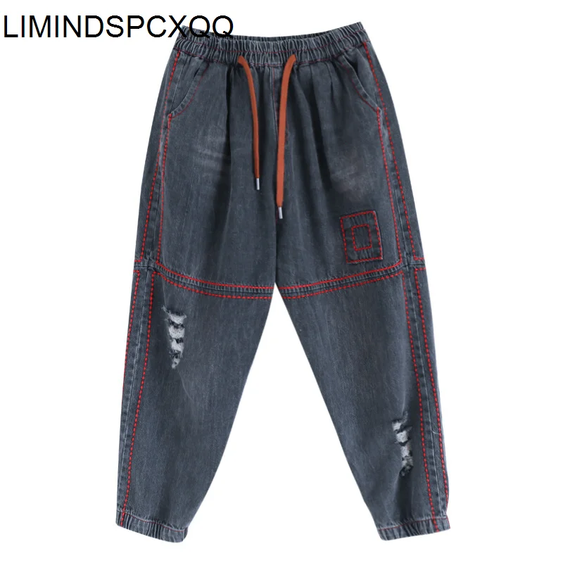 

LIMINDSPCXQQ European Designer Jeans, Casual Loose Jeans, Retro Punk Style, Large Spring Cropped Trousers With Embroidered Holes