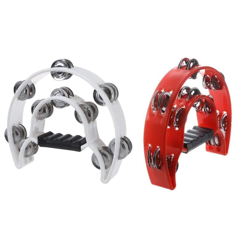 

2 Pcs Double Row Jingles Half Moon Musical Tambourine Percussion Drum Party KTV, Red & White