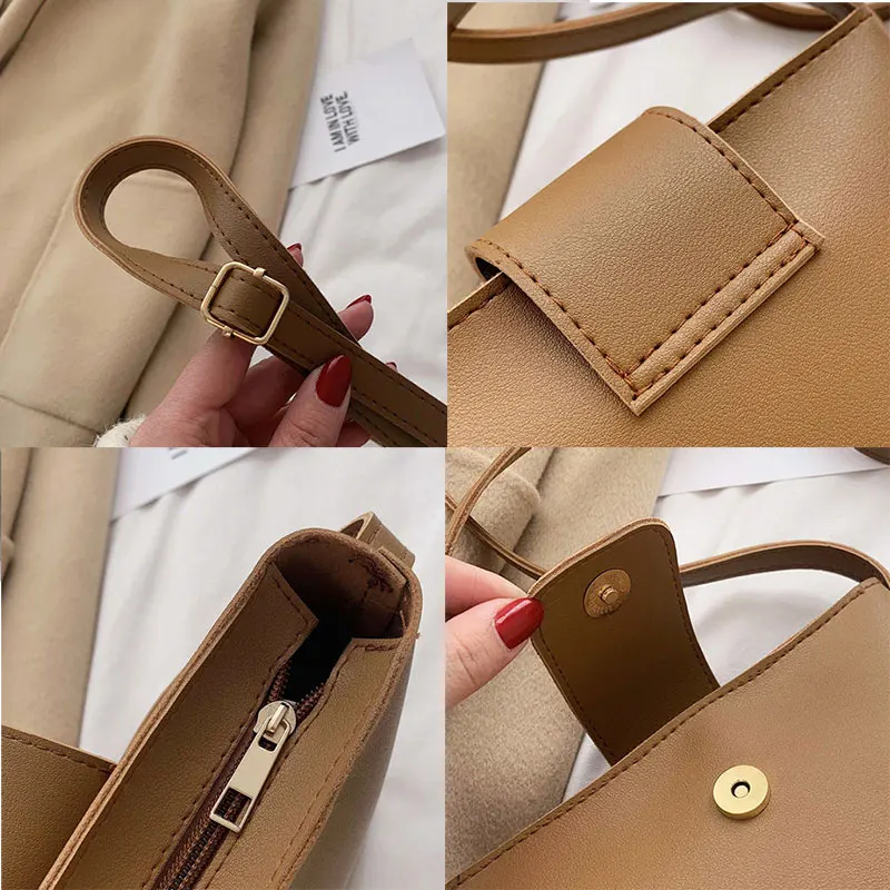 

Crossbody Bags Women Bucket Handbags Vintage Thread PU Leather Texture Student Large Capacity School Travel All-match Ins Bag