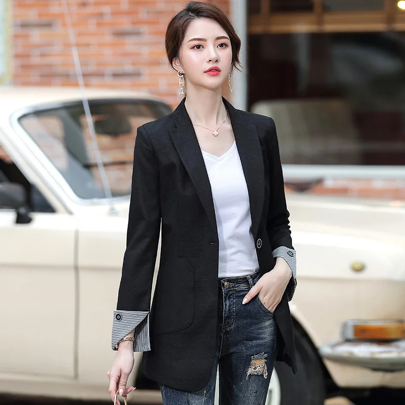 2020 Autumn Women's Long Blazers Solid Dark Light Grey Black Pockets Formal Suits Jackets Office Ladies Notched Outerwear Tops