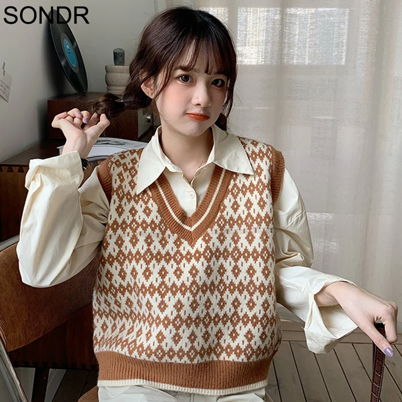 

Knitted Vest Sweater Women 2020 Spring Autumn Fashion V-Neck Rhombic Sleeveless Casual Tank Tops New Pullover Elasticity Sweater