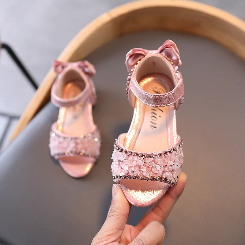 

Summer New Kids Sandals 2021 Fashion Rhinestone Bow Flat Heels Girl Princess Shoes Kids Beach Sandals Pink SHS087