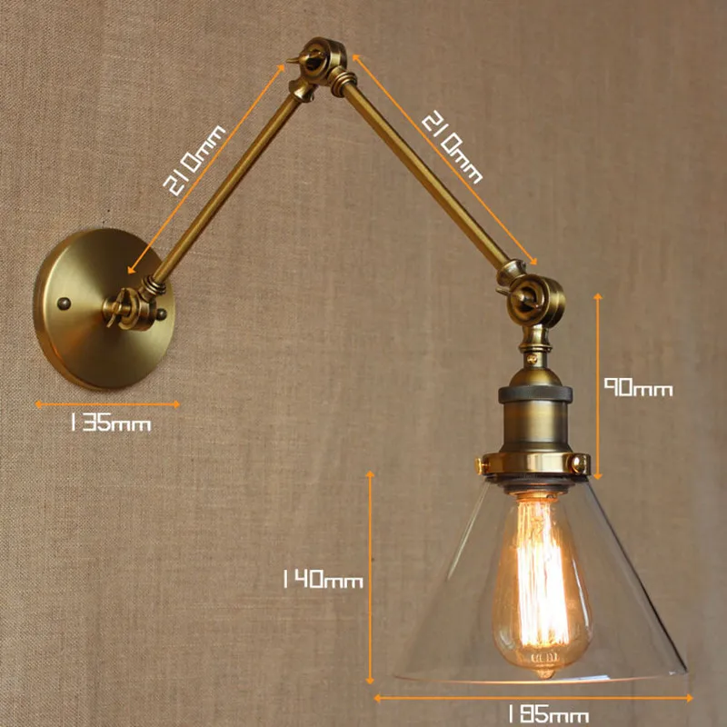 

Plated Gold Bronze Industrial Glass Wall Lamp Hotel Restaurant Bedroom double arm adjustble up down LED wall lighting Sconce