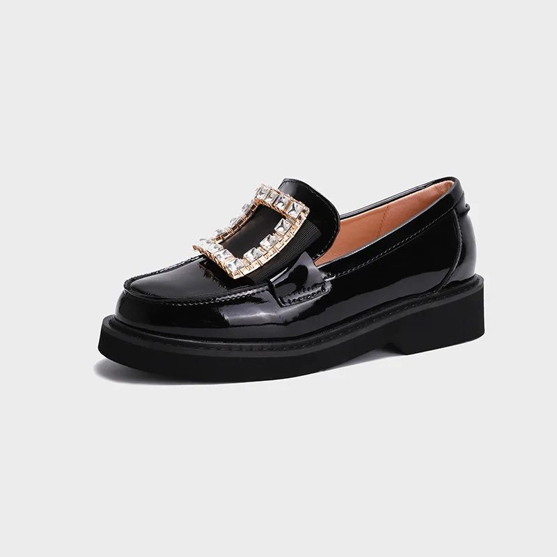 

Thick-Soled Loafers 2020 New Patent Leather Square Buckle Rhinestone Shoes