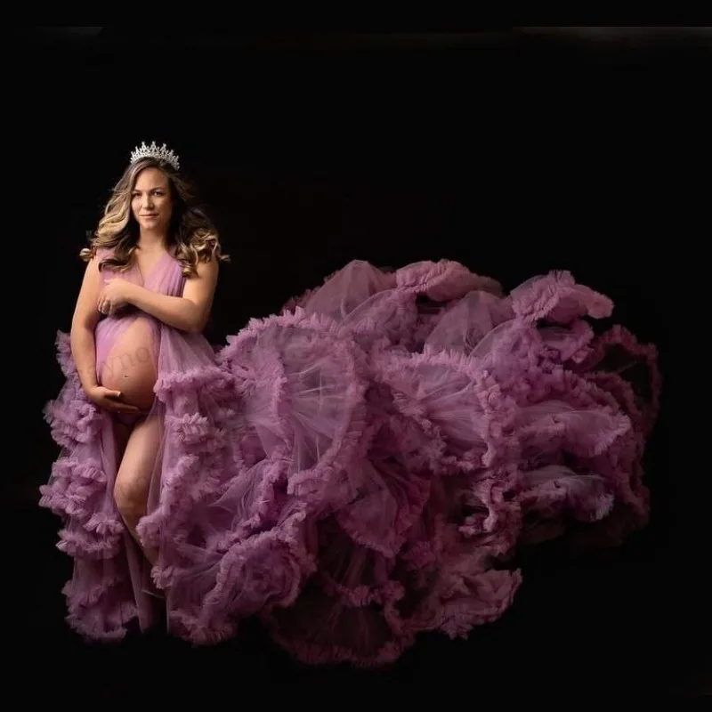 

Light Purple Tiered Sleeveless Long Train Maternity Dresses Popular Sheer Tulle Woman Dresses for Photographing Custom Made