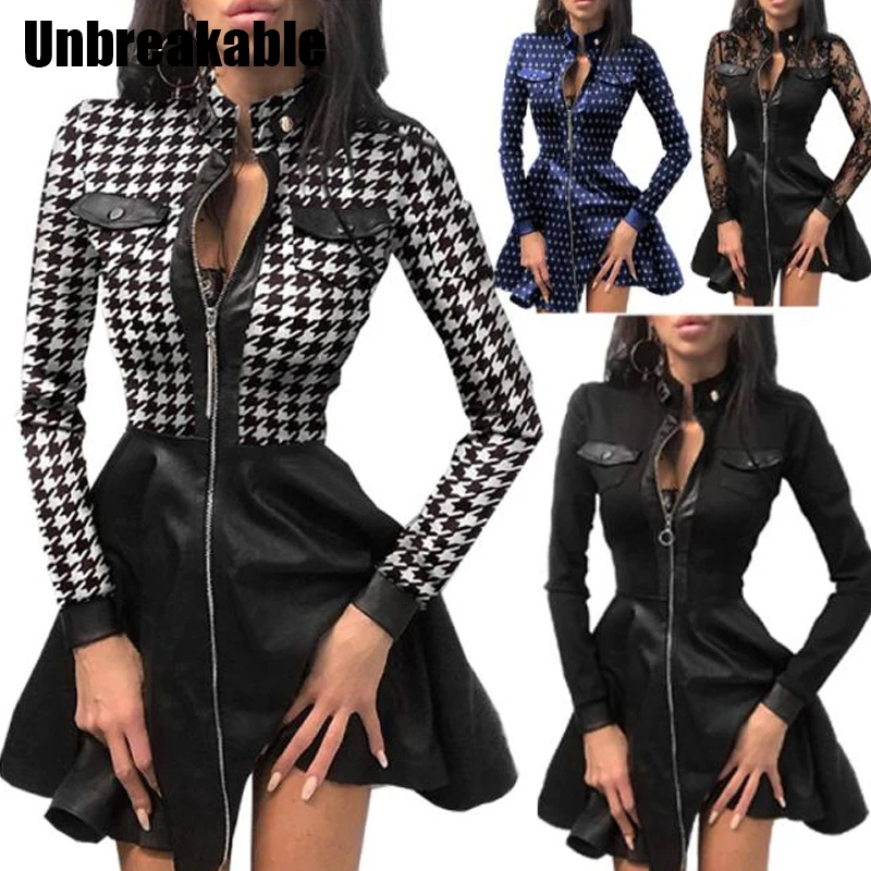 

Women Vintage Print Zippers Slim Short Dress Autumn Long Sleeve Lace Patchwork Party Dress Office Lady High Collar Dress Vestido